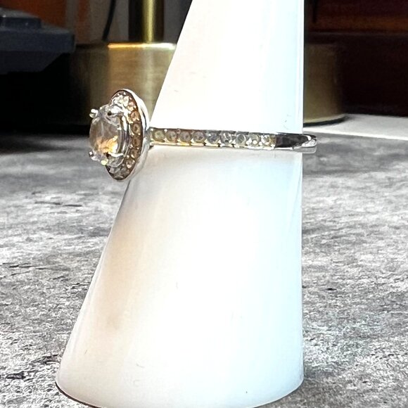 Size 7 ring, stamped 55, clear stones silver color band - Picture 2 of 11